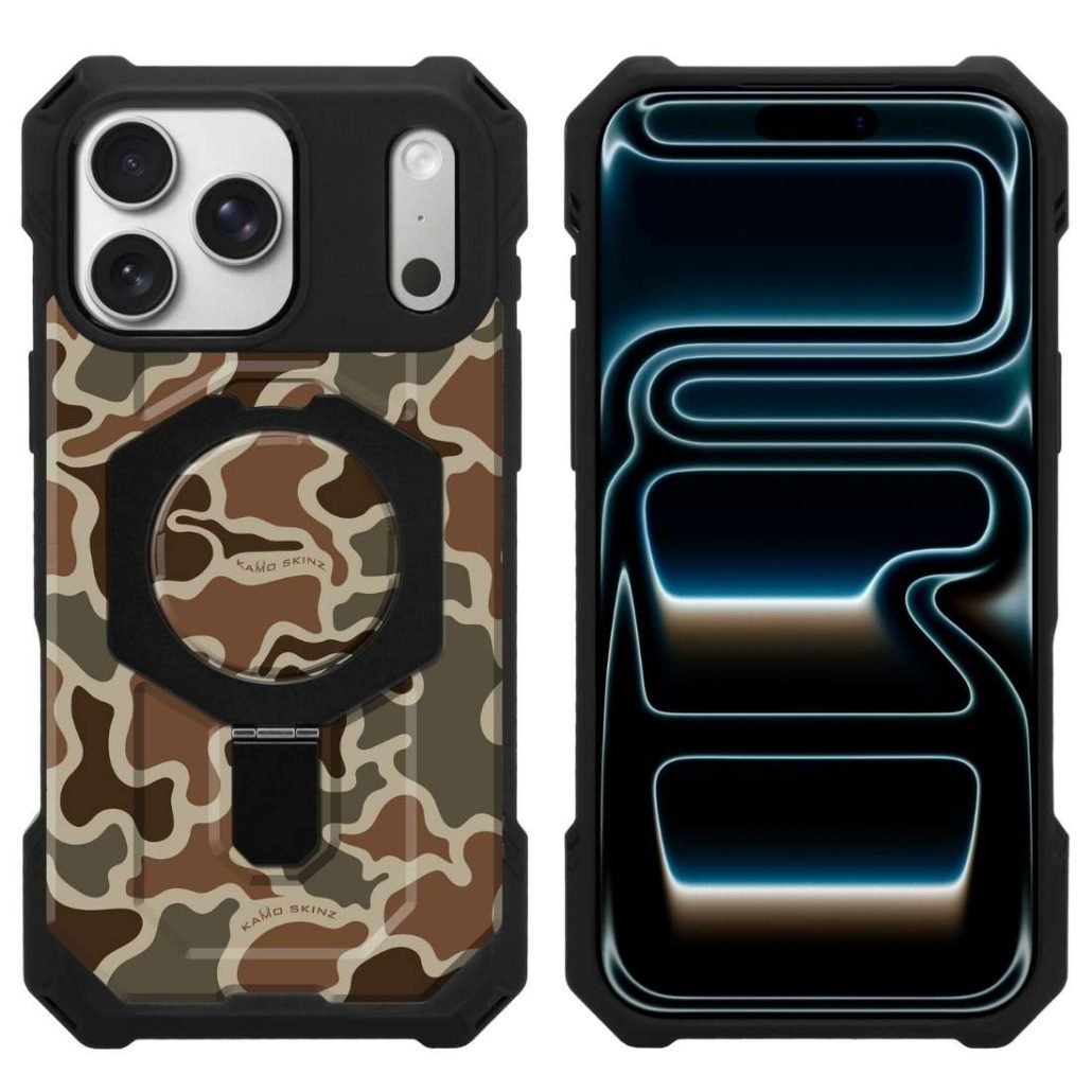 Front and Back View of Custom MagSafe Kickstand Camo Phone Case for iPhone 17 Pro Max
