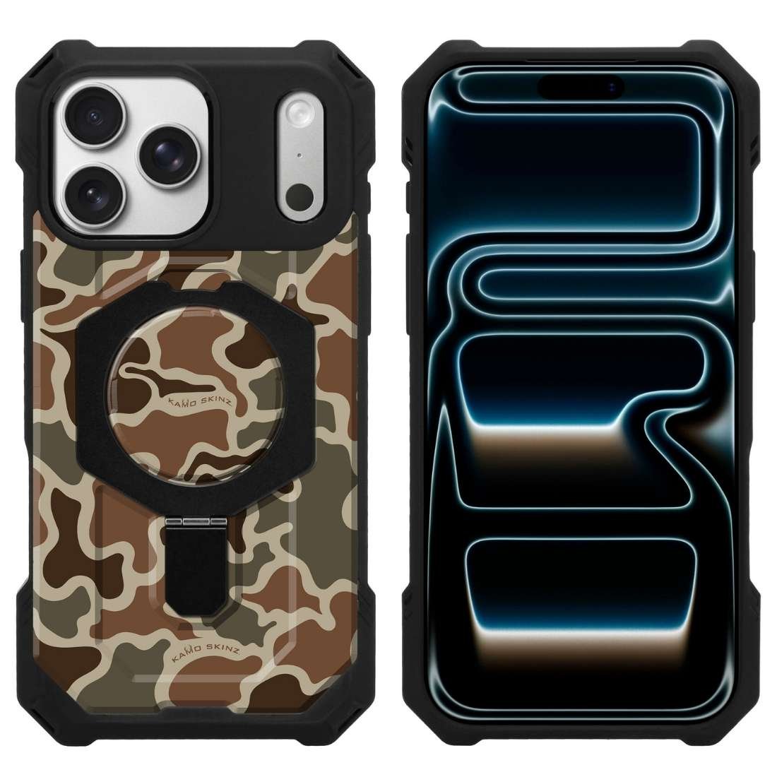 Front and Back View of Custom MagSafe Kickstand Camo Phone Case for iPhone 17 Pro Max
