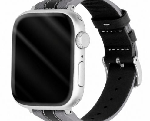 Custom Black and Gray Leather Silicone Watch Band for Apple Watch Front Angle View