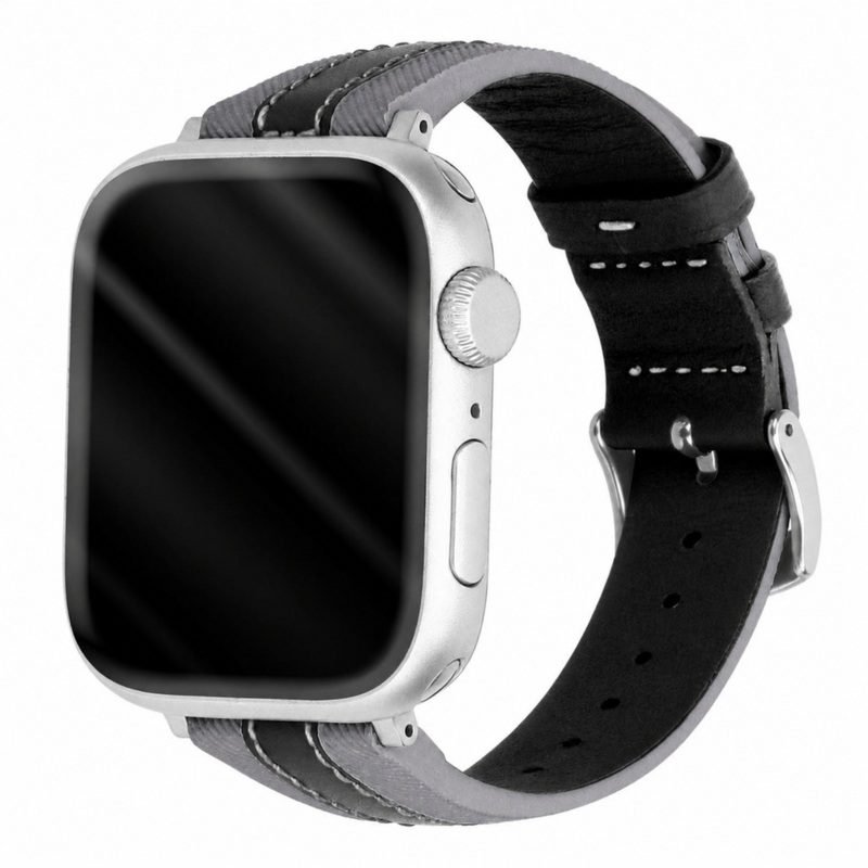 Custom Black and Gray Leather Silicone Watch Band for Apple Watch Front Angle View