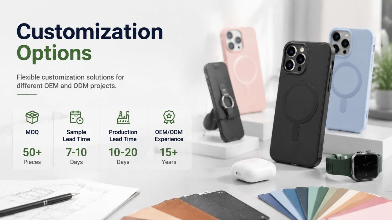 OEM and ODM customization options for phone accessories with flexible MOQ, sample and production lead times