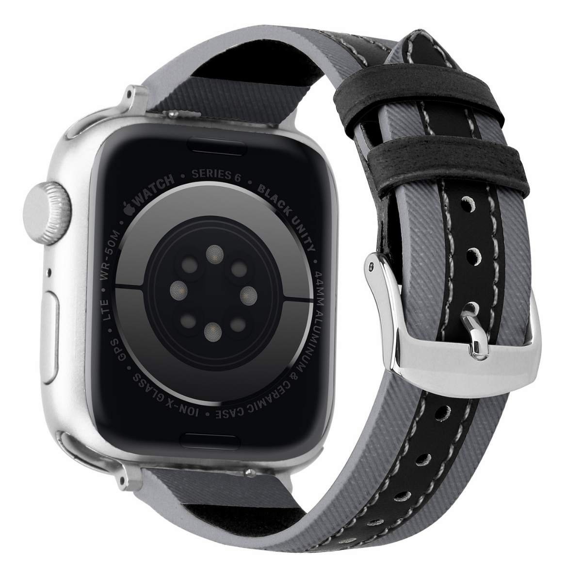 Custom Black and Gray Leather Silicone Watch Band for Apple Watch Back Angle View