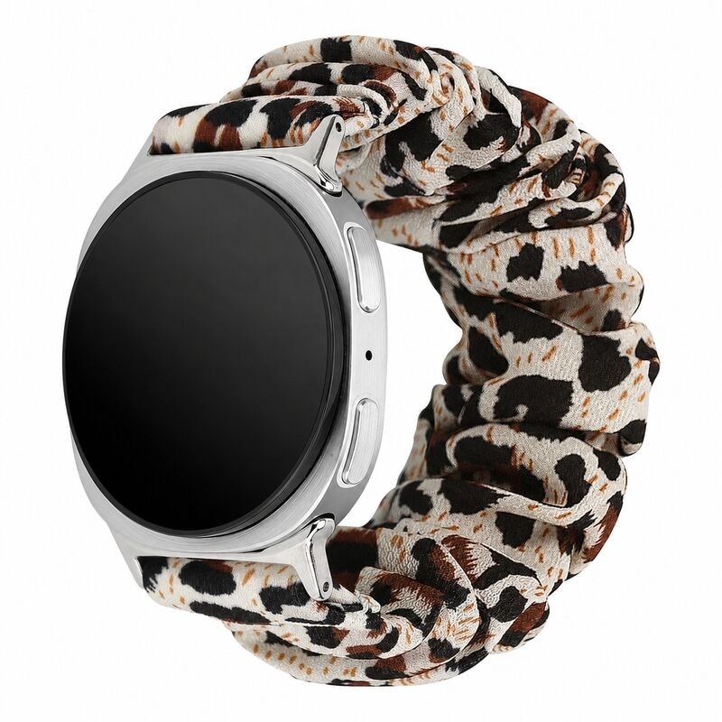 Custom Scrunchie Watch Band for Samsung Galaxy Watch 8 Leopard Print Front Angle View
