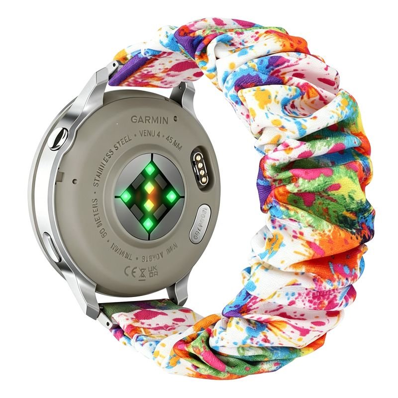 Colorful Patterned Scrunchie Band Shown Behind a Garmin Smartwatch