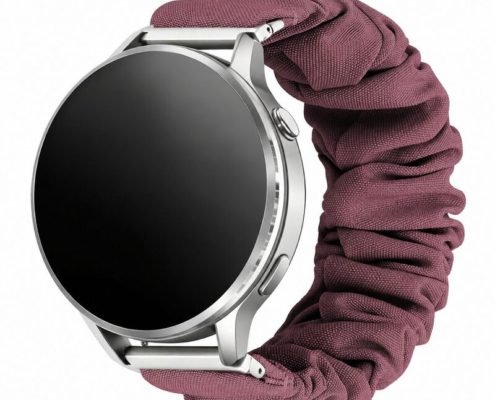 Custom Scrunchie Watch Band for Samsung Galaxy Watch 7 and Garmin Burgundy Front Angle View