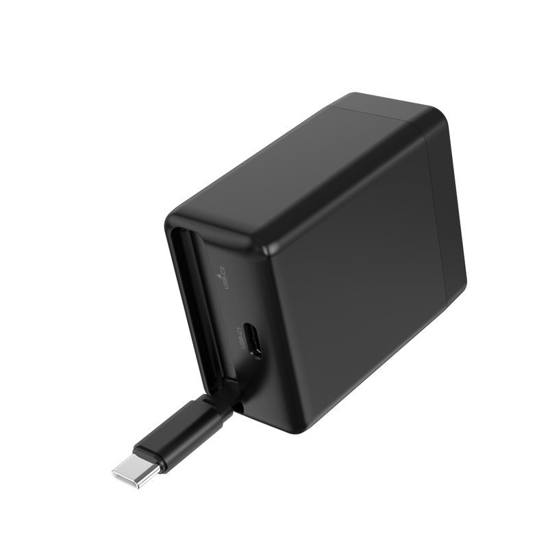 charge-2-2-custom-dual-usb-c-fast-charger-us-plug-40w-built-in-cable-view Black 40W USB-C Fast Charger with US Plug and Integrated Cable