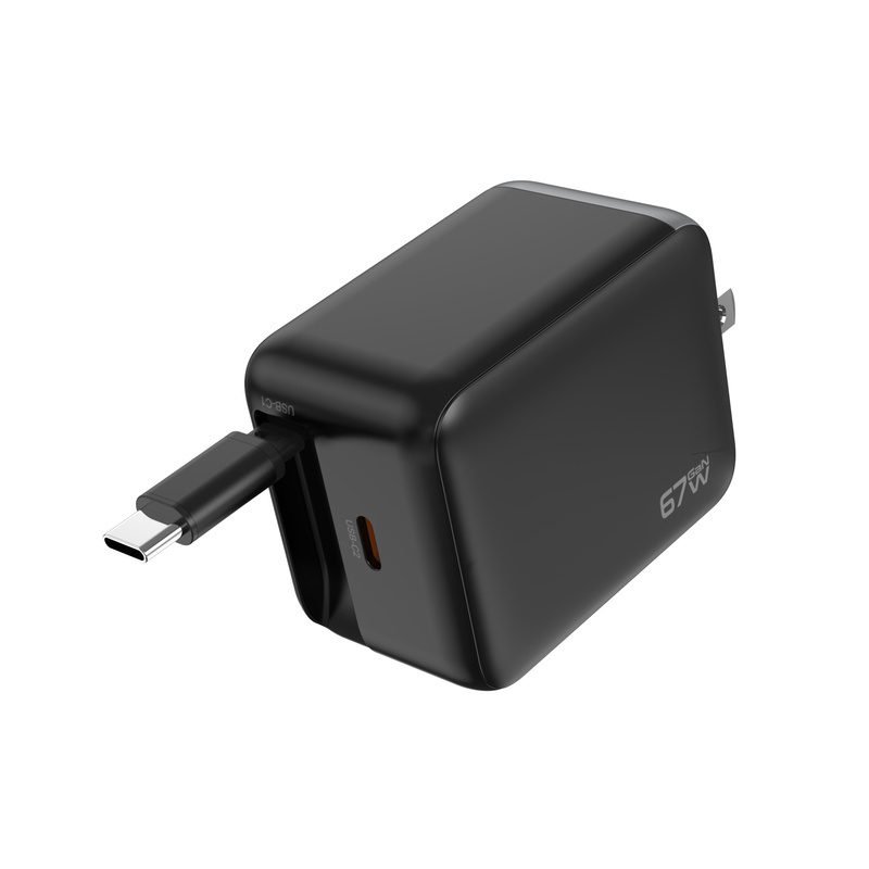 charge-2-5-custom-dual-usb-c-fast-charger-us-plug-67w-built-in-cable-view OEM 67W USB-C Fast Charger with US Plug and Attached Charging Cable