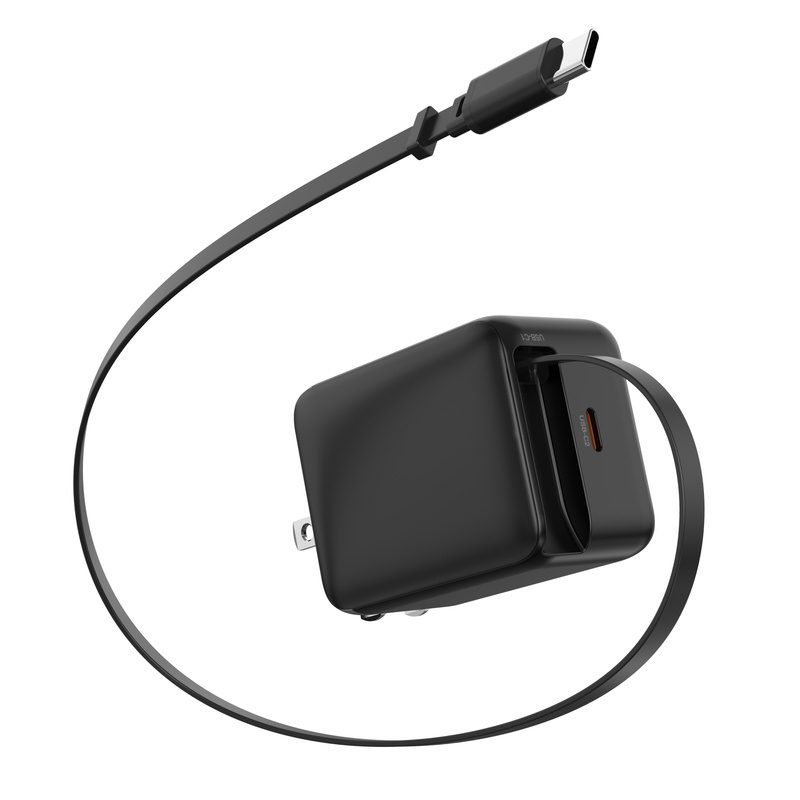 charge-2-6-custom-dual-usb-c-fast-charger-us-plug-67w-cable-layout-view Black 67W Dual USB-C Charger with Foldable US Plug and Full Cable Display