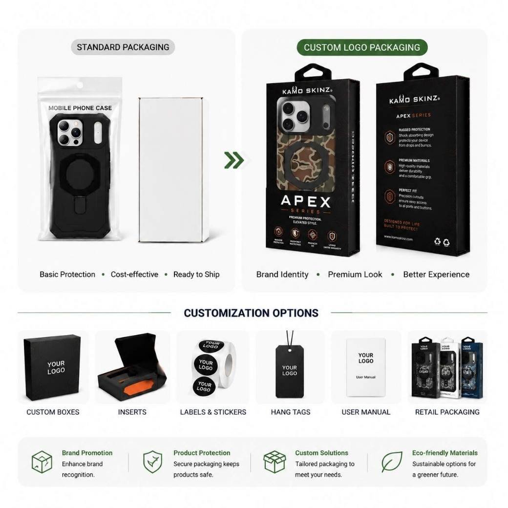 Custom phone case packaging with boxes labels and retail packaging