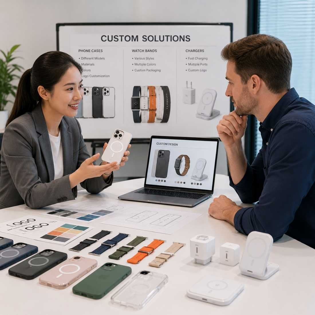 Sales consultant discussing custom phone cases, watch bands and chargers with an OEM customer.Custom Product Consultation | GDLumei