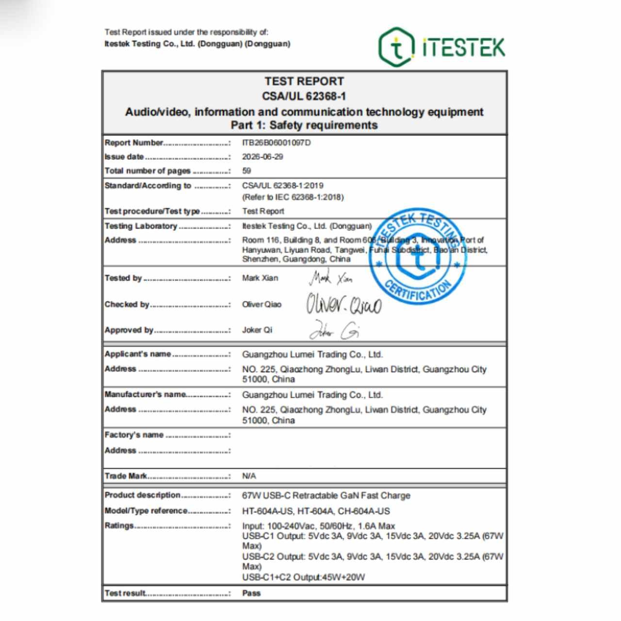 ht-604a-us-csa-ul-62368-1-safety-test-report CSA UL 62368-1 safety test report for HT-604A-US GaN charger