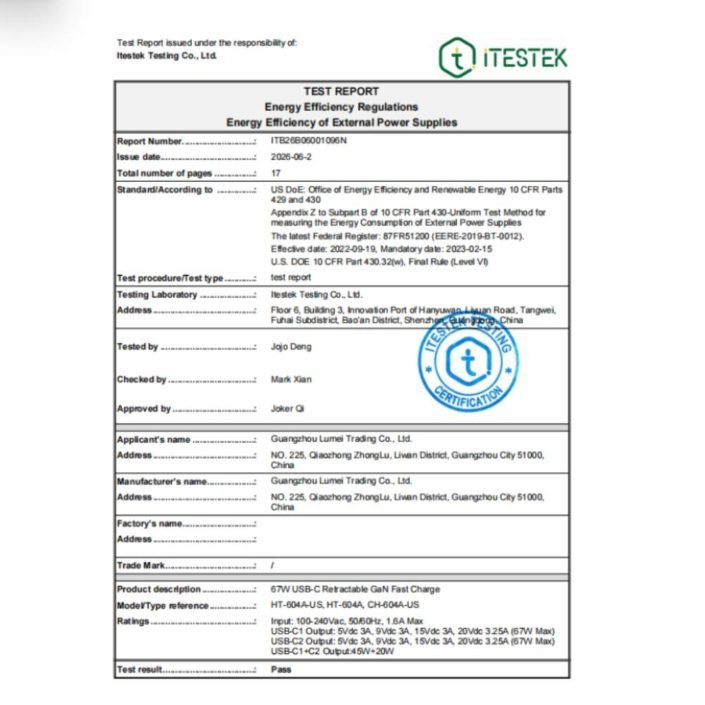 ht-604a-us-doe-level-vi-energy-efficiency-test-report DOE Level VI energy efficiency test report for HT-604A-US 67W charger