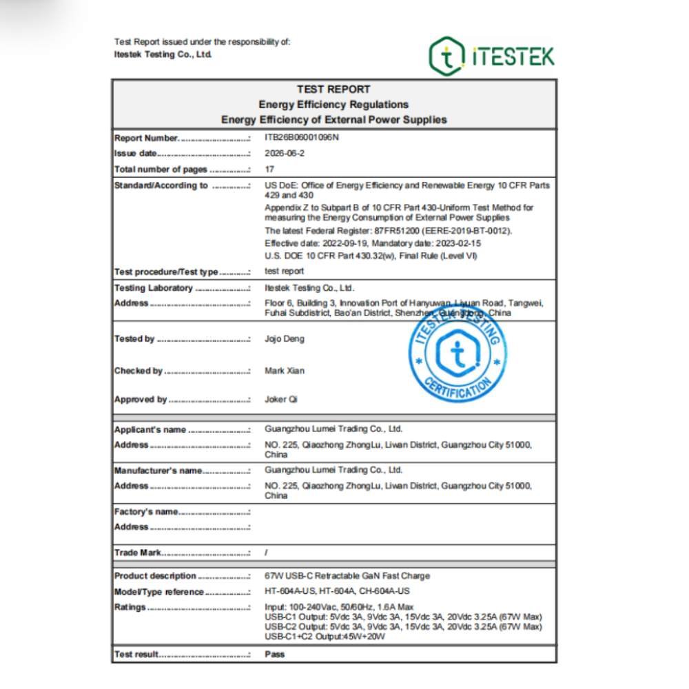 ht-604a-us-doe-level-vi-energy-efficiency-test-report DOE Level VI energy efficiency test report for HT-604A-US 67W charger