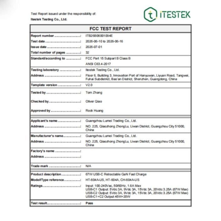 ht-604a-us-fcc-part-15b-test-report FCC Part 15B test report for HT-604A-US 67W USB-C charger