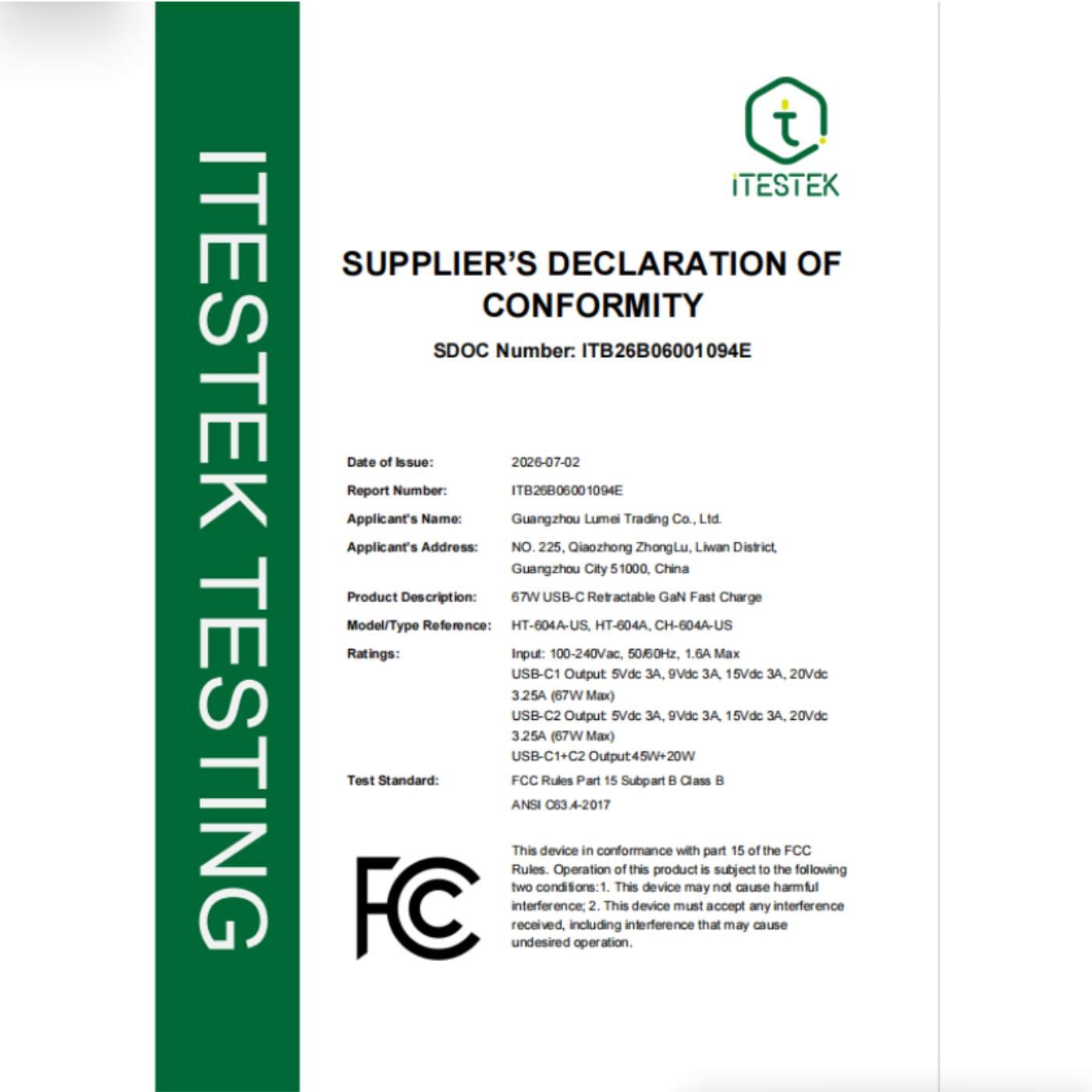 ht-604a-us-fcc-supplier-declaration-of-conformity FCC Supplier’s Declaration of Conformity for HT-604A-US charger