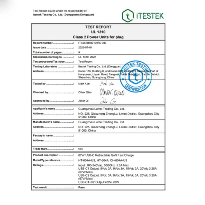 ht-604a-us-ul-1310-plug-safety-test-report UL 1310 plug safety test report for HT-604A-US 67W charger