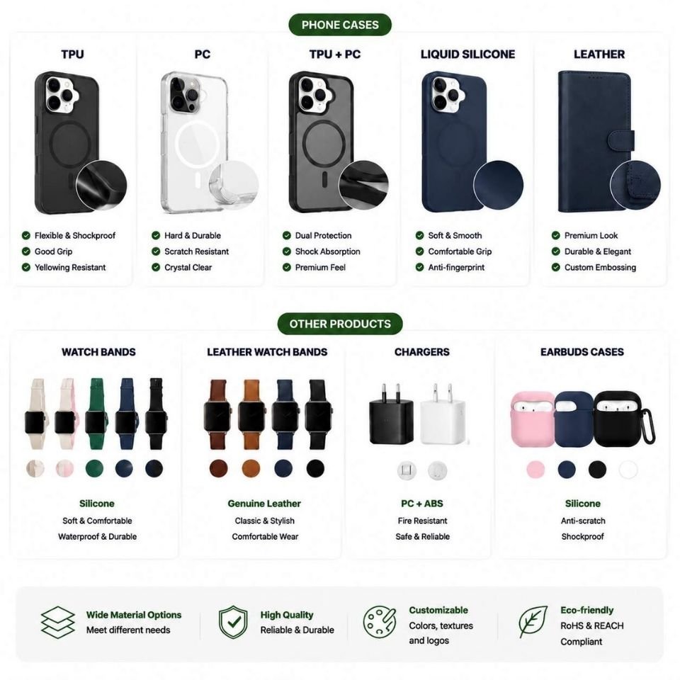 phone-accessories-material-selection-options Material selection options for custom phone cases and accessories