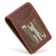 Angled view of camouflage cowhide bifold wallet with money clip