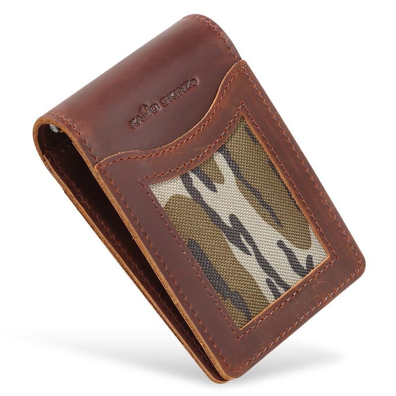 Angled view of camouflage cowhide bifold wallet with money clip