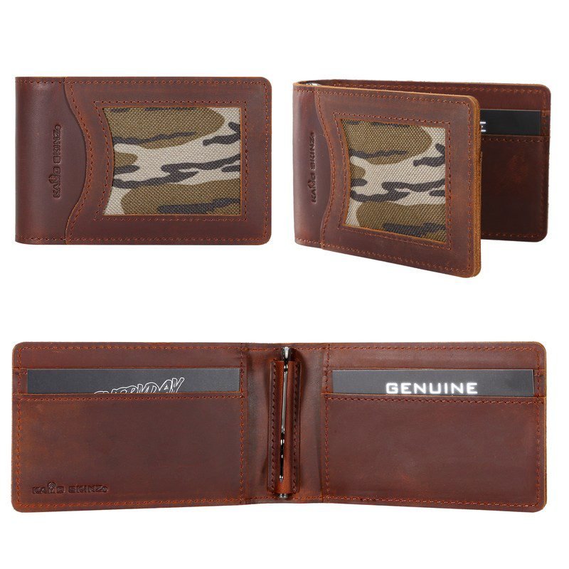 pj1-4-custom-camouflage-cowhide-bifold-wallet-with-money-clip-exterior-and-interior-layout Exterior and interior layout of camouflage cowhide bifold wallet