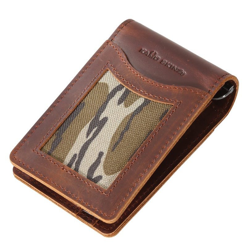 pj1-6-custom-camouflage-cowhide-bifold-wallet-with-money-clip-closed-diagonal-view Closed diagonal view of brown camouflage cowhide wallet