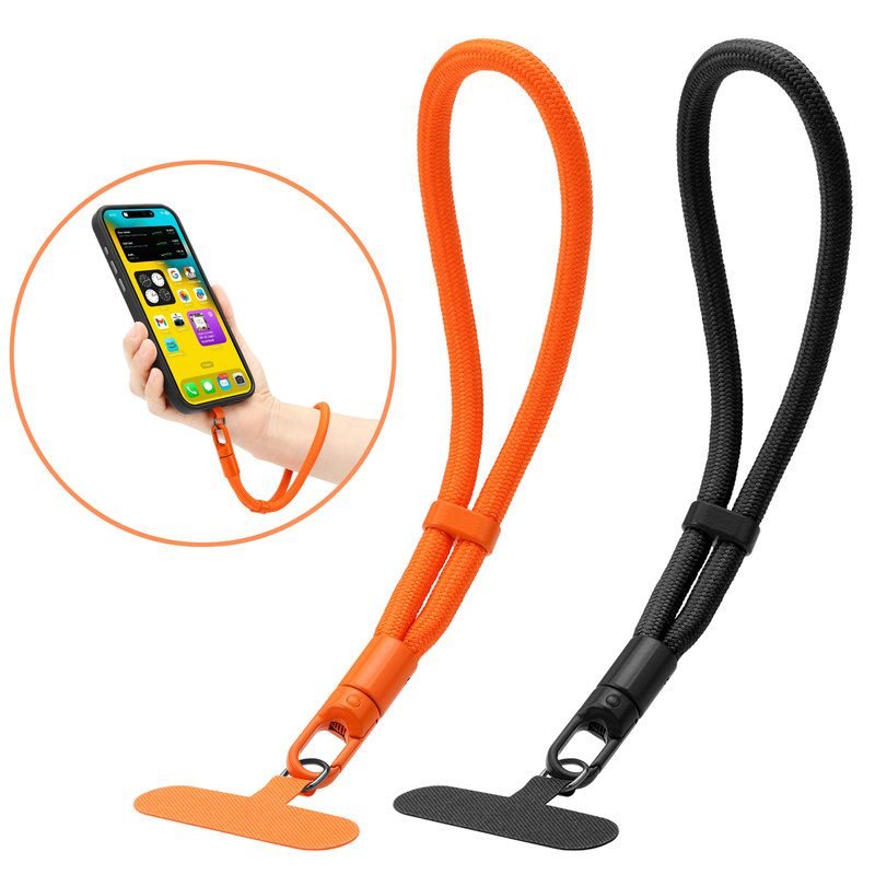Orange adjustable short phone wrist strap with tether tabs