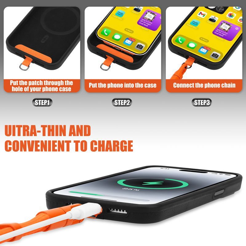 pj3-1-3-custom-adjustable-short-phone-wrist-strap-orange-ultra-thin-charging-access Ultra-thin tether tab of orange phone wrist strap allowing cable charging