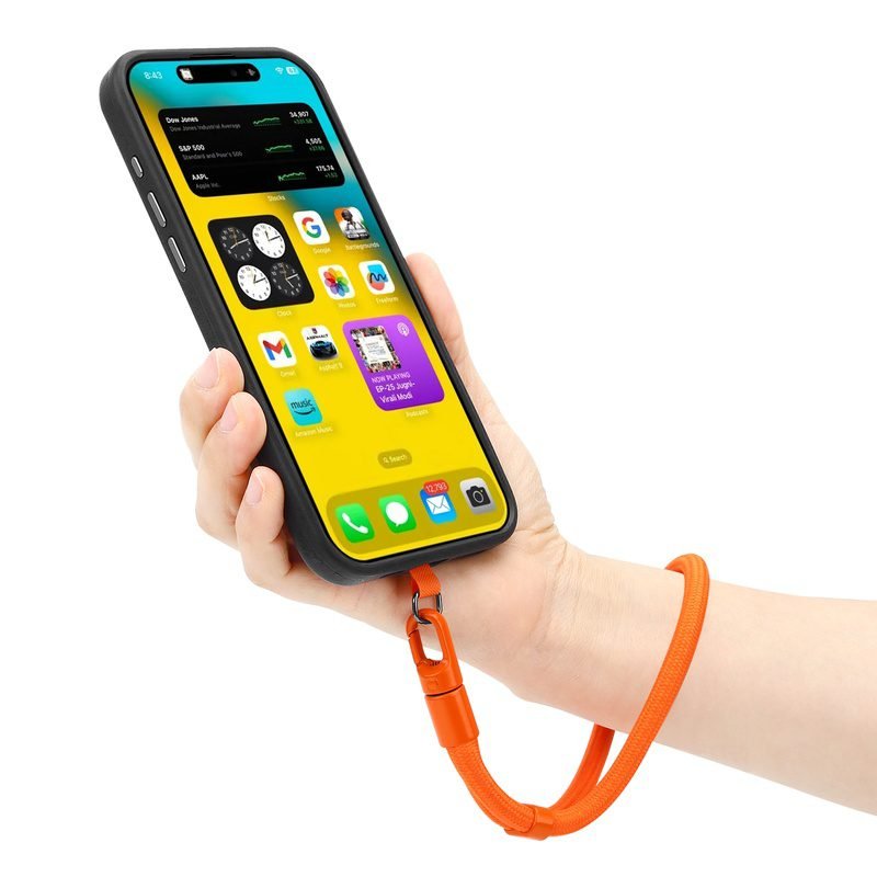 pj3-1-5-custom-adjustable-short-phone-wrist-strap-orange-wrist-carry-view Orange short phone wrist strap attached to smartphone for secure carrying