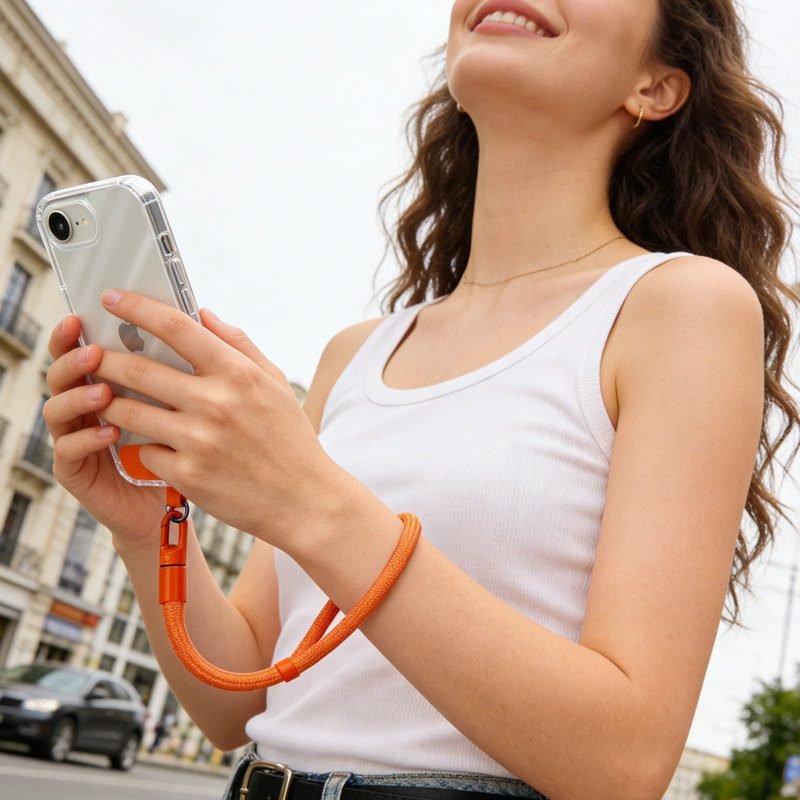 pj3-1-6-custom-adjustable-short-phone-wrist-strap-orange-daily-use-lifestyle Woman using orange short phone wrist lanyard for daily carrying