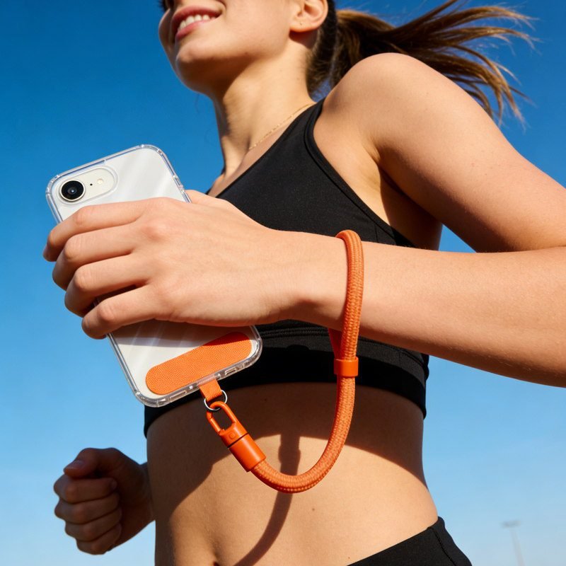 pj3-1-7-custom-adjustable-short-phone-wrist-strap-orange-sports-use-lifestyle Woman using orange adjustable phone wrist strap during exercise