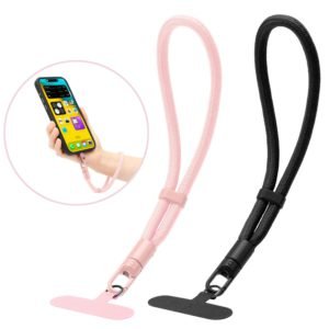 pj3-2-1-custom-adjustable-short-phone-wrist-strap-pink-strap-and-tether-tab-set Pink adjustable short phone wrist strap with tether tabs