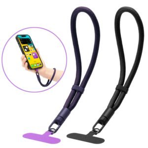 pj3-5-1-custom-adjustable-short-phone-wrist-strap-purple-strap-and-tether-tab-set Purple adjustable short phone wrist strap with tether tabs