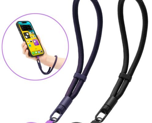 pj3-5-1-custom-adjustable-short-phone-wrist-strap-purple-strap-and-tether-tab-set Purple adjustable short phone wrist strap with tether tabs
