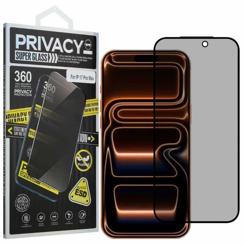 privacy tempered glass screen protector for iPhone 17 Pro Max with retail packaging
