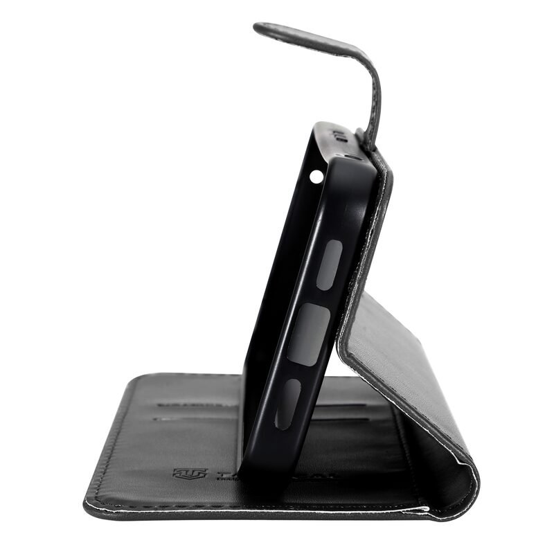 Black leather wallet case for Google Pixel 10a with stand function