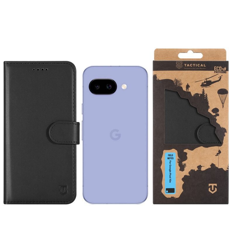 Custom black Google Pixel 10a leather wallet case with retail packaging