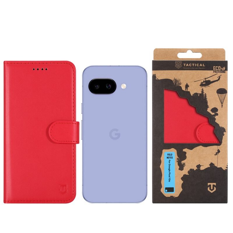 Custom red Google Pixel 10a leather wallet case with retail packaging