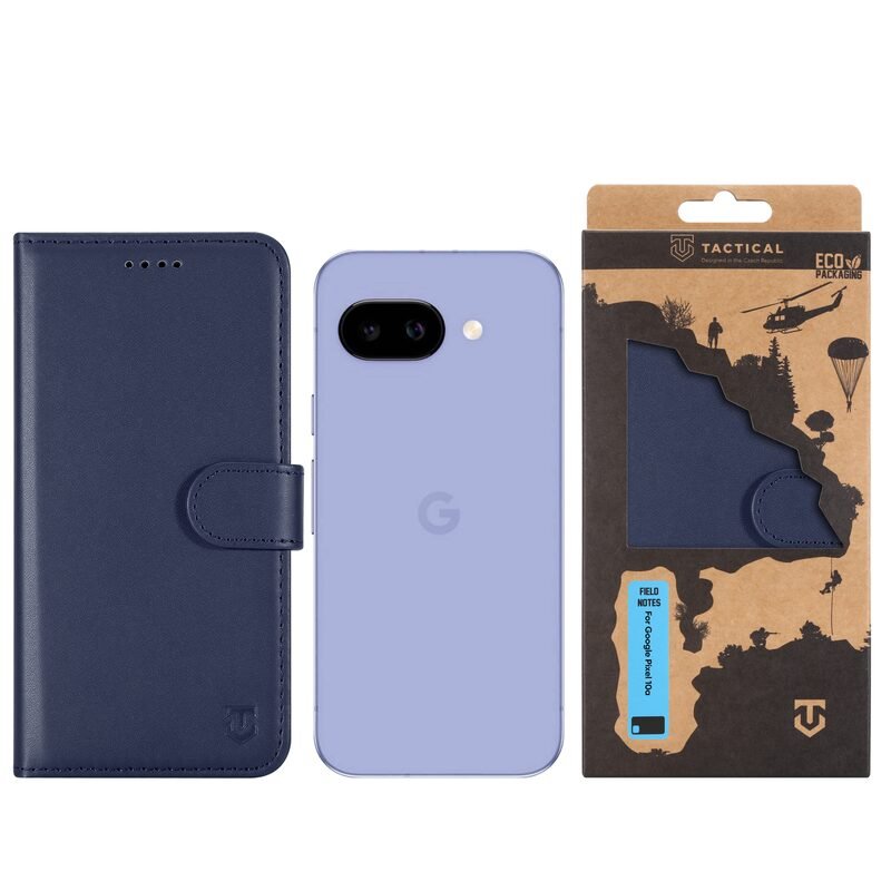 Custom blue Google Pixel 10a leather wallet case with retail packaging