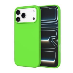 Custom Neon Green silicone phone case for iPhone 17 Pro Max shown from front and back