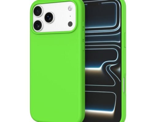 sj12-12-1-iphone-17-pro-max Custom Neon Green silicone phone case for iPhone 17 Pro Max shown from front and back