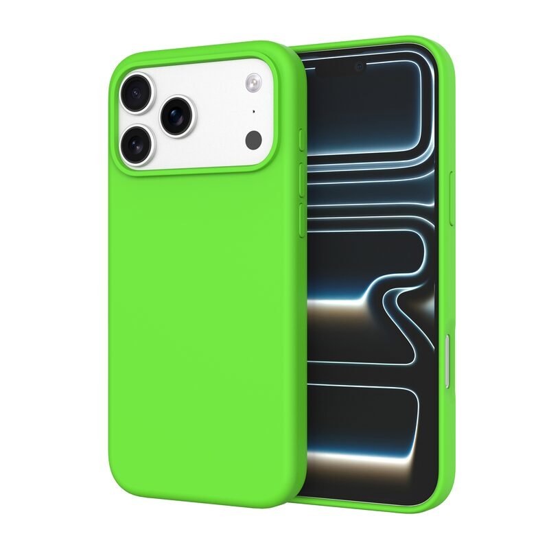 Custom Neon Green silicone phone case for iPhone 17 Pro Max shown from front and back