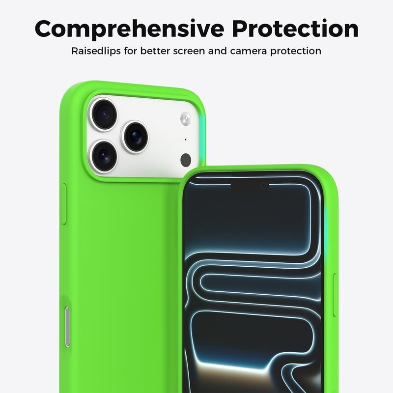 sj12-12-3-iphone-17-pro-max Neon Green silicone case for iPhone 17 Pro Max with raised screen and camera protection