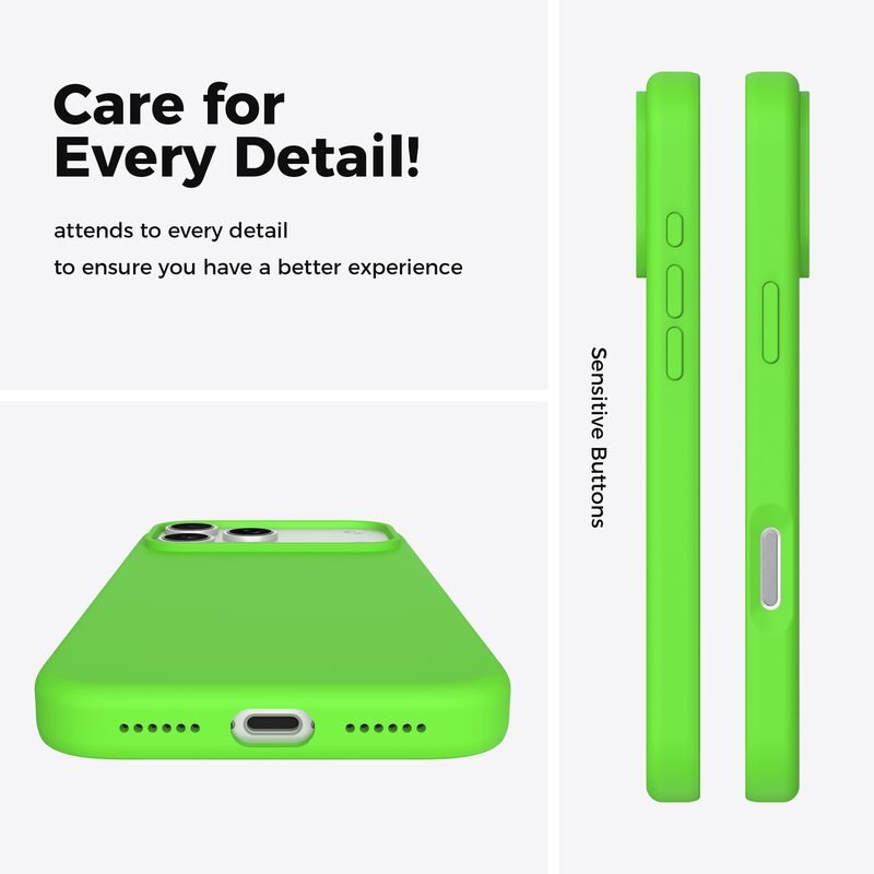 sj12-12-4-iphone-17-pro-max Neon Green silicone phone case for iPhone 17 Pro Max showing buttons ports and speaker cutouts