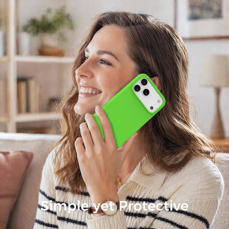 sj12-12-5-iphone-17-pro-max Neon Green silicone phone case for iPhone 17 Pro Max shown in a daily lifestyle setting