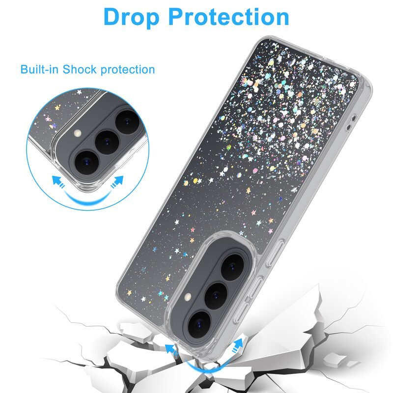 sj13-1-3-custom-clear-glitter-phone-case-for-samsung-galaxy-s26-plus-drop-protection Shockproof clear glitter phone case for Samsung Galaxy S26 Plus drop protection demonstration