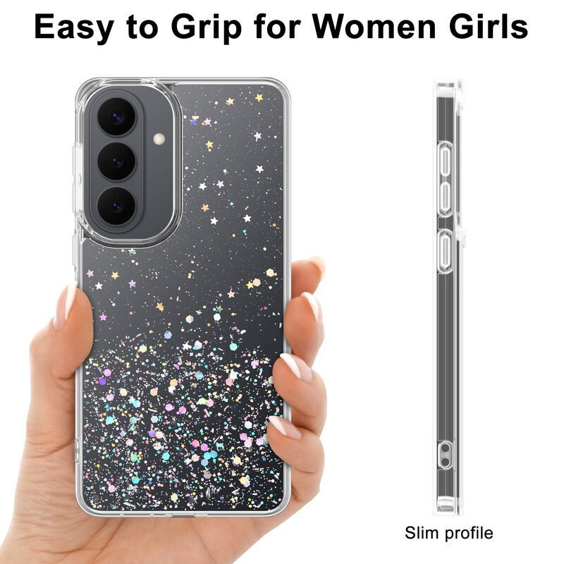 sj13-1-5-custom-clear-glitter-phone-case-for-samsung-galaxy-s26-plus-slim-grip-design Slim clear glitter phone case for Samsung Galaxy S26 Plus shown in hand