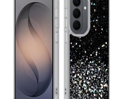 sj13-2-1-custom-black-glitter-phone-case-for-samsung-galaxy-s26-plus-front-back-view Custom black glitter phone case for Samsung Galaxy S26 Plus shown from front and back