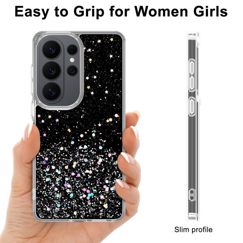 sj14-2-5-custom-black-glitter-phone-case-for-samsung-galaxy-s26-ultra-slim-profile Black glitter phone case for Samsung Galaxy S26 Ultra showing slim side profile and grip