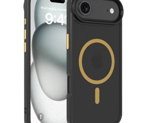 Custom gold accent black magnetic matte phone case for iPhone Air, front and back view