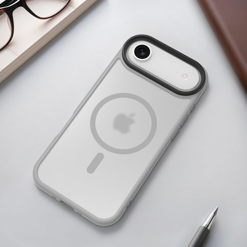 Rear angle view of custom silver gray magnetic phone case for iPhone Air